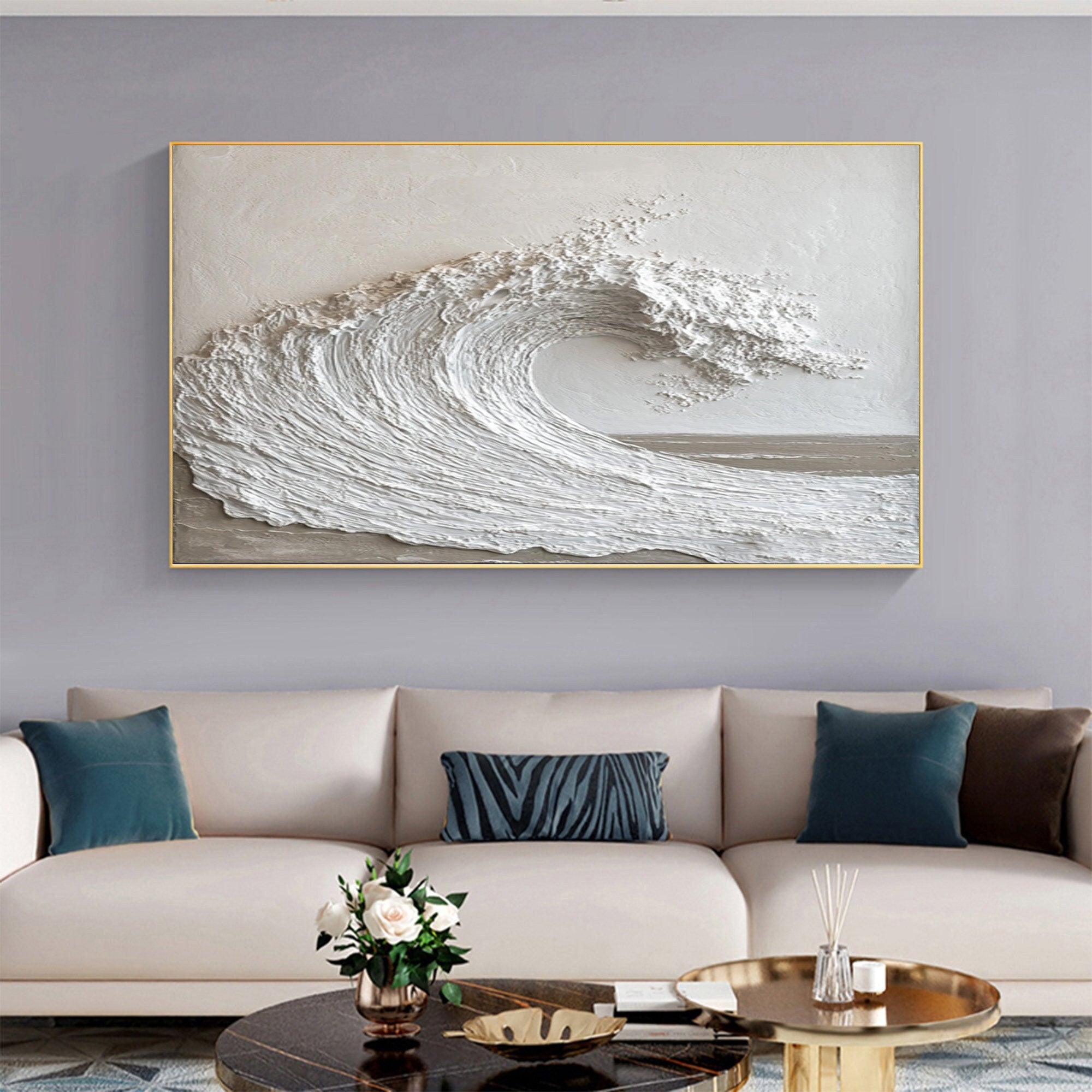 Tranquil Surge: White Textured Wave Art