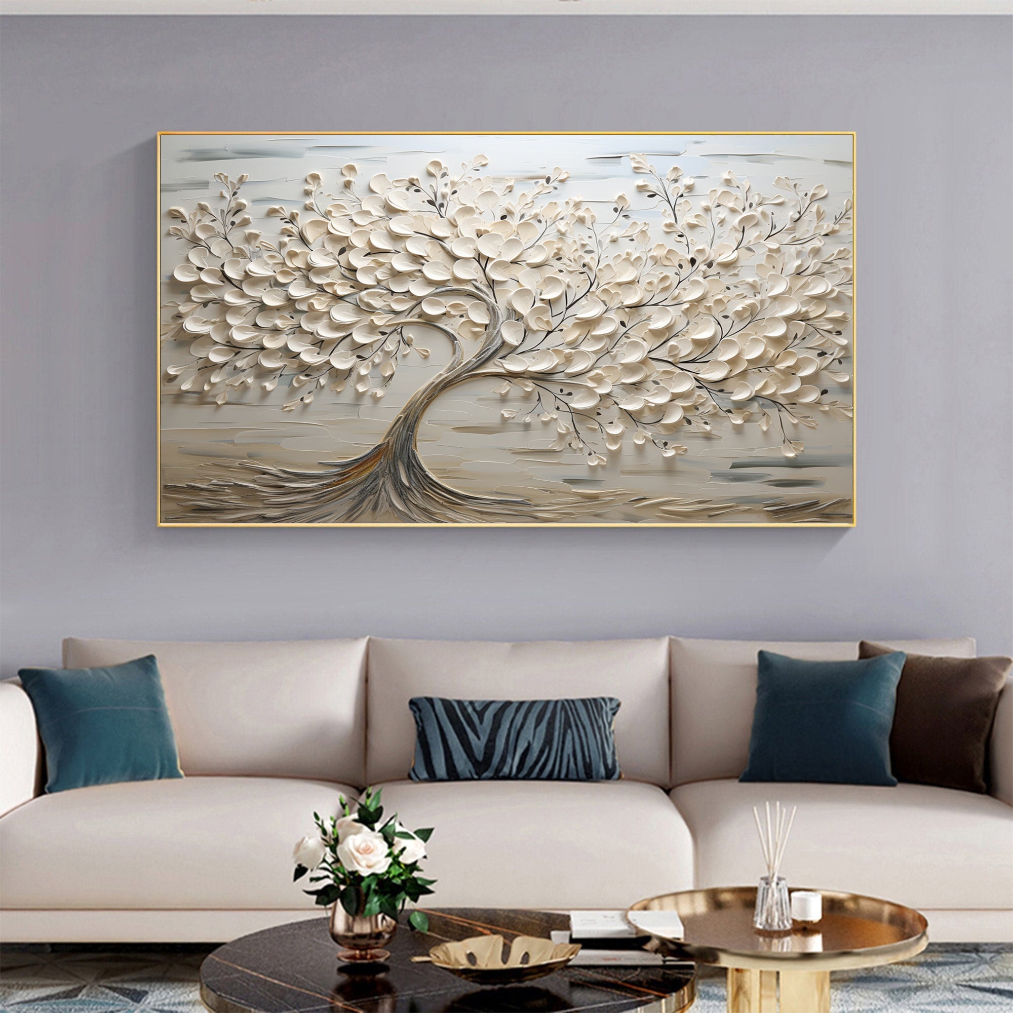 Serene Blossom: Textured Tree Canvas in Neutral Tones