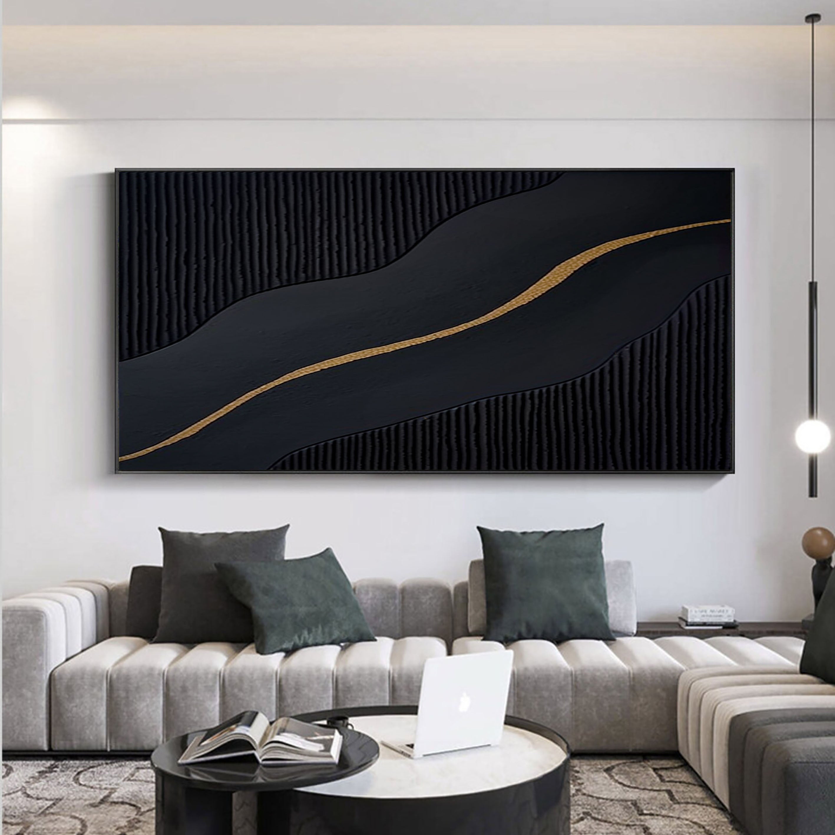 Midnight Flow: Gold-Lined Black Abstract Wall Art