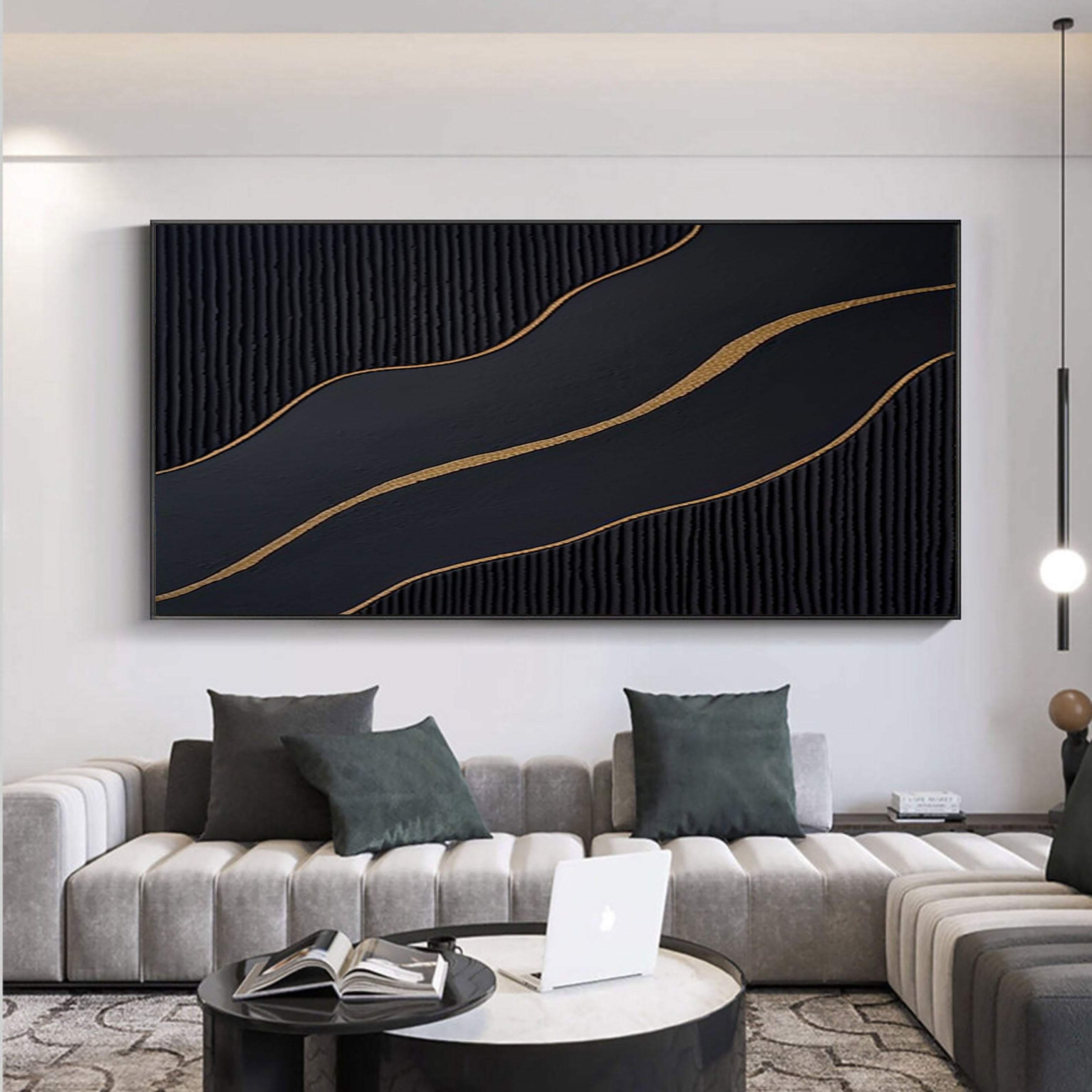 Ebony Waves: Luxe Black & Gold Abstract Canvas