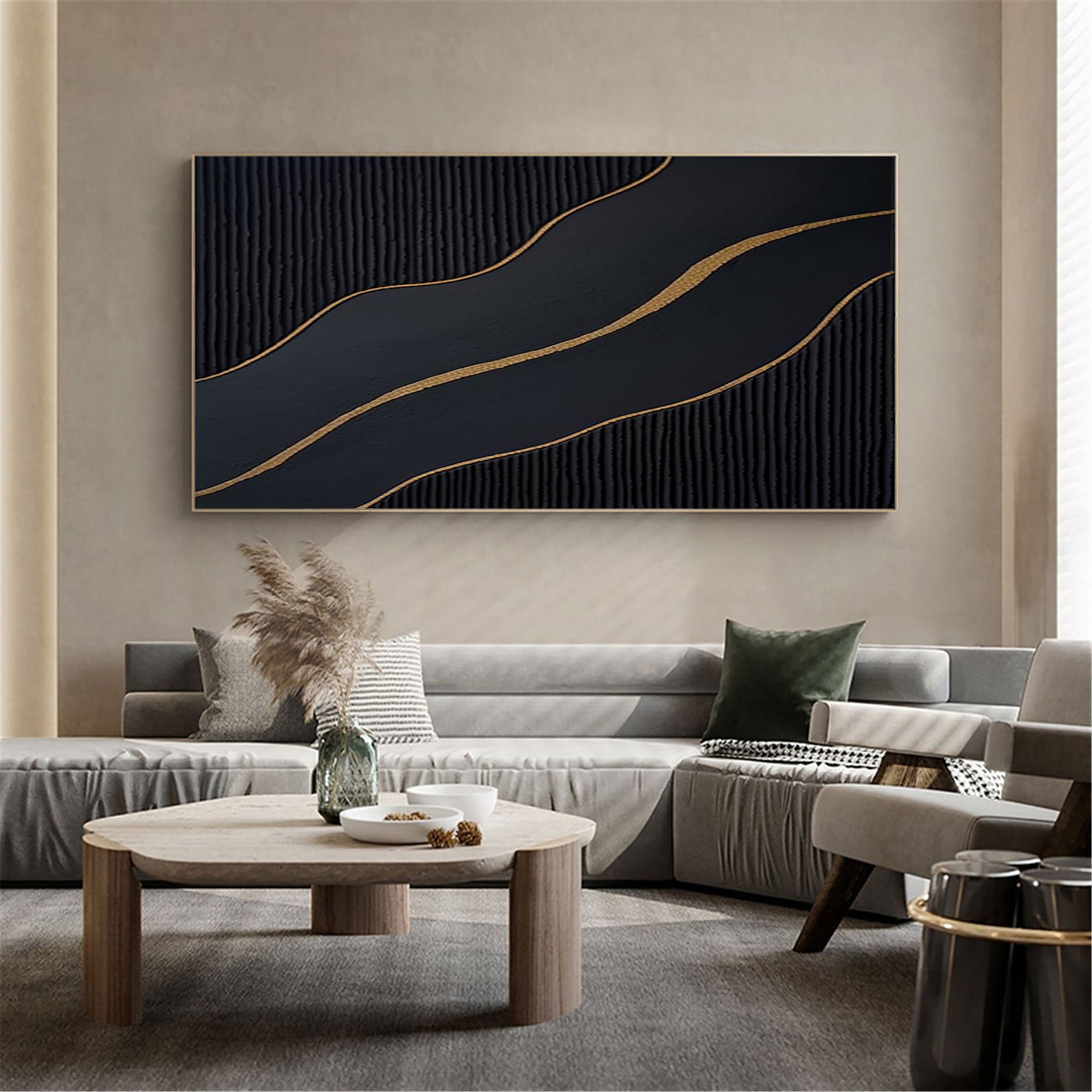 Ebony Waves: Luxe Black & Gold Abstract Canvas