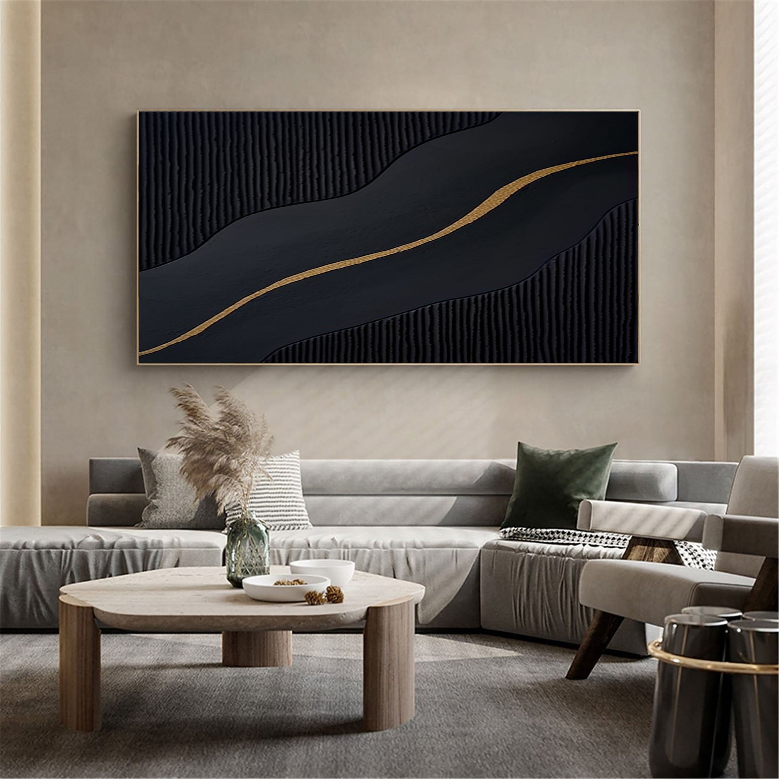 Midnight Flow: Gold-Lined Black Abstract Wall Art